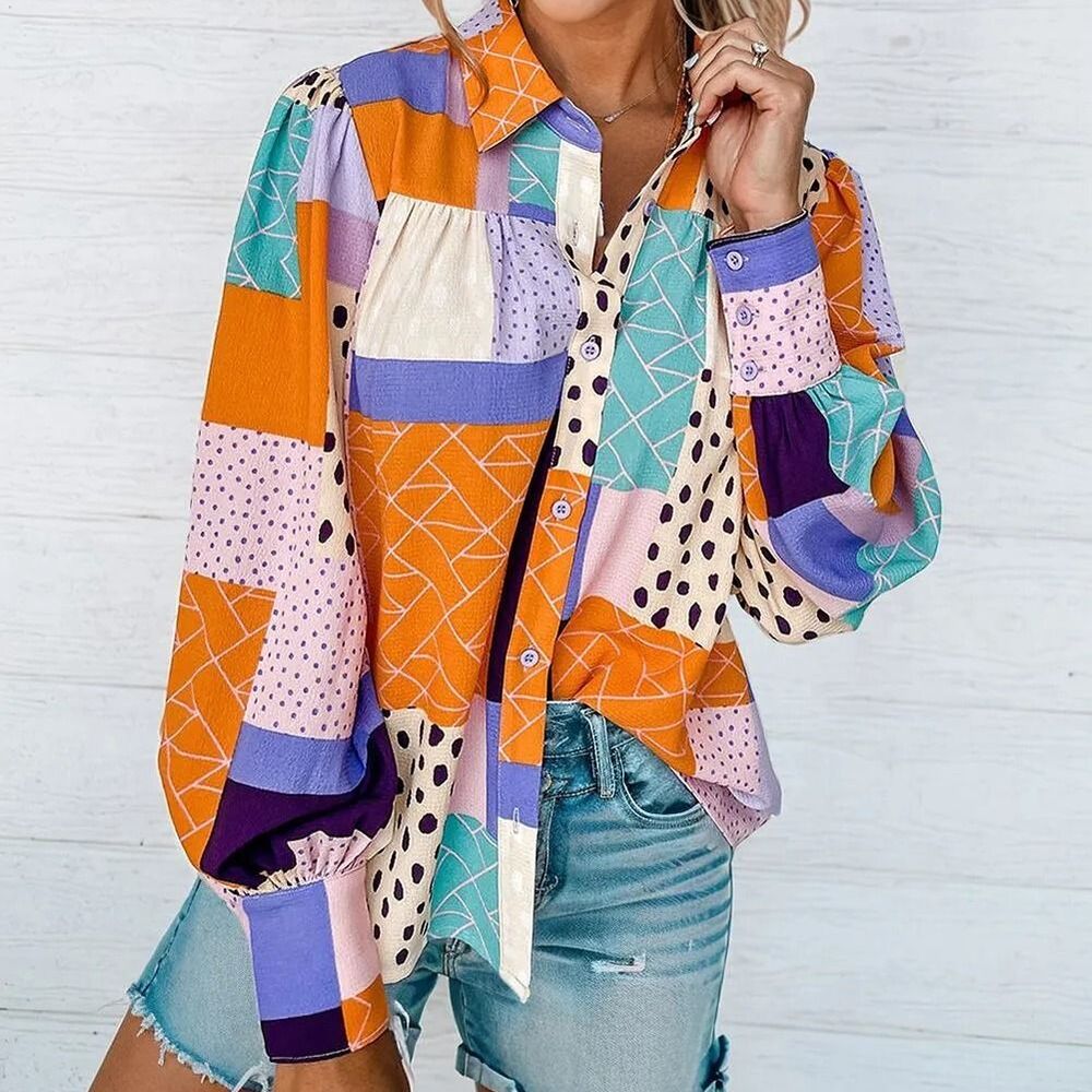 NWT Retro 80s Style Mixed Patchwork Print Button Up Shirt XL Polka Dot